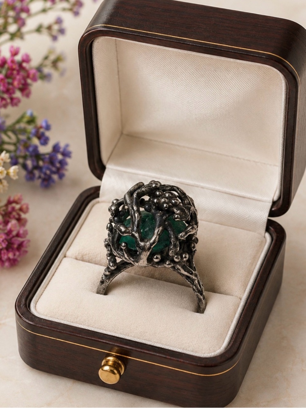 Ring Artisan Sterling Silver Cage Gorgeous Kashmir Emerald Gemstone